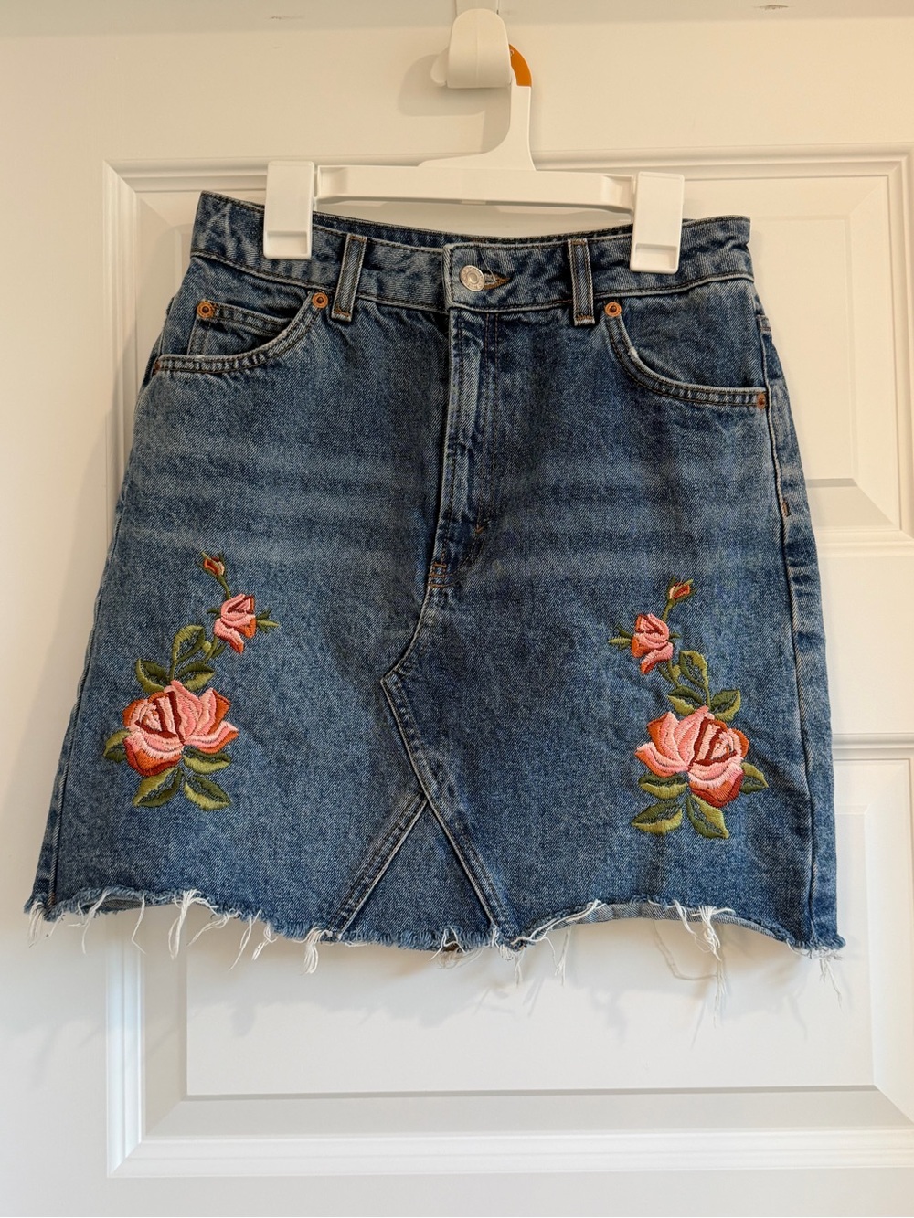 Topshop Embroidered Pink Rose Denim Skirt